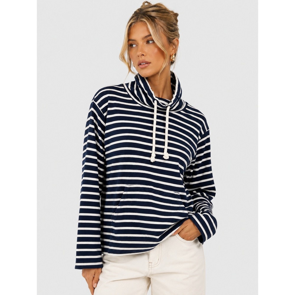 J.Crew Navy Blue White Striped Funnel Neck Drawstring Pullover Top XS